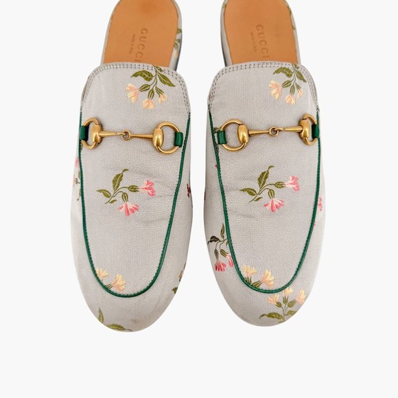 Gucci Princetown Horsebit Loafer Mule EU 39 US 9 Green Floral Embroidered Flat - Picture 3 of 12